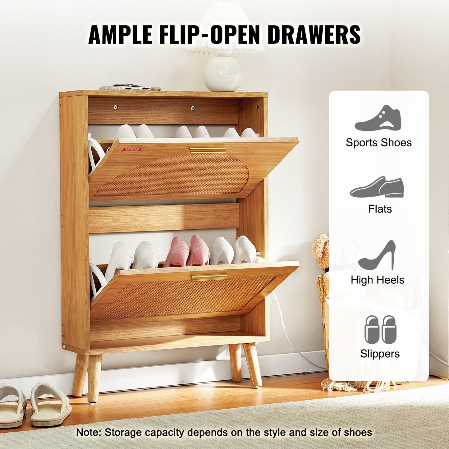 Slim Wooden Shoe Cabinet with 2 Flip Drawers & Top Shelf – Space-Saving Entryway Storage