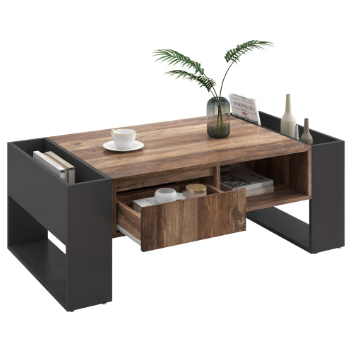 Modern Coffee Table 110 cm – Wood Grain Finish with Drawer & Dual-Sided Storage (Black & Grey)