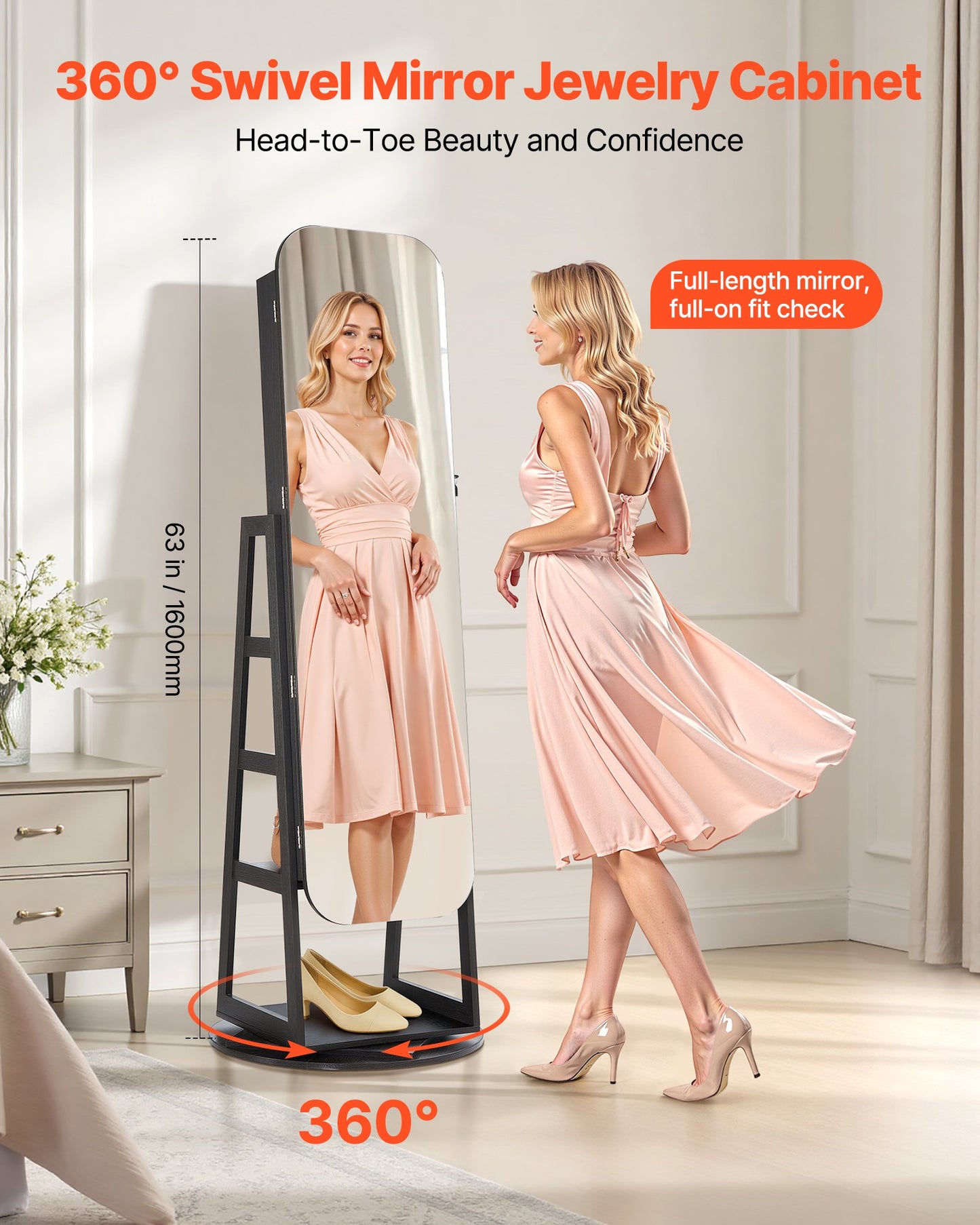 360° Rotating Jewelry Cabinet with Full-Length Mirror – Lockable Standing Organizer (160 cm)