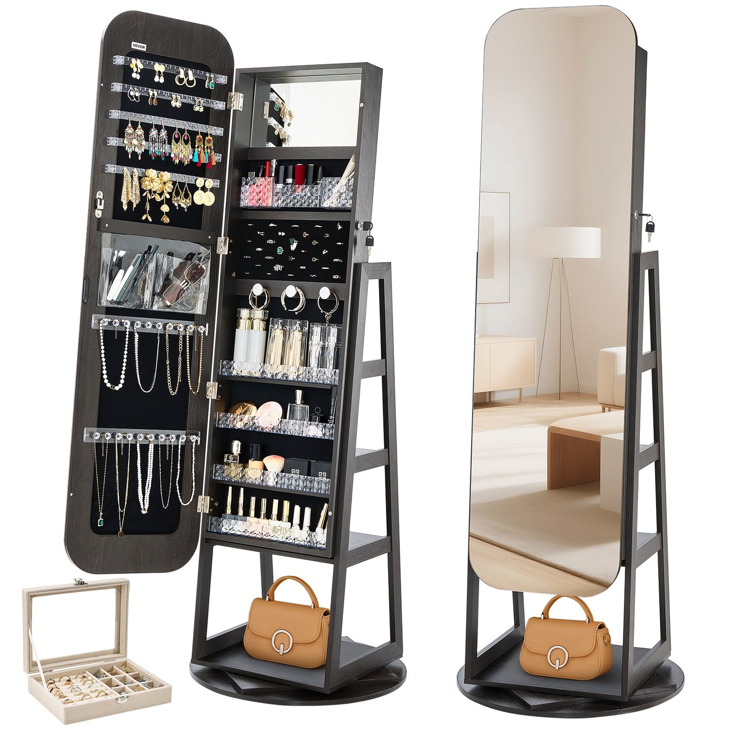 360° Rotating Jewelry Cabinet with Full-Length Mirror – Lockable Standing Organizer (160 cm)