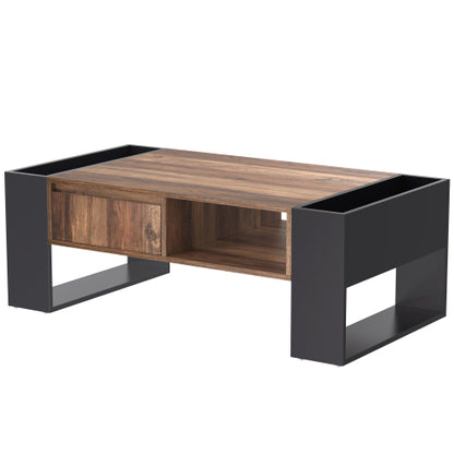 Modern Coffee Table 110 cm – Wood Grain Finish with Drawer & Dual-Sided Storage (Black & Grey)