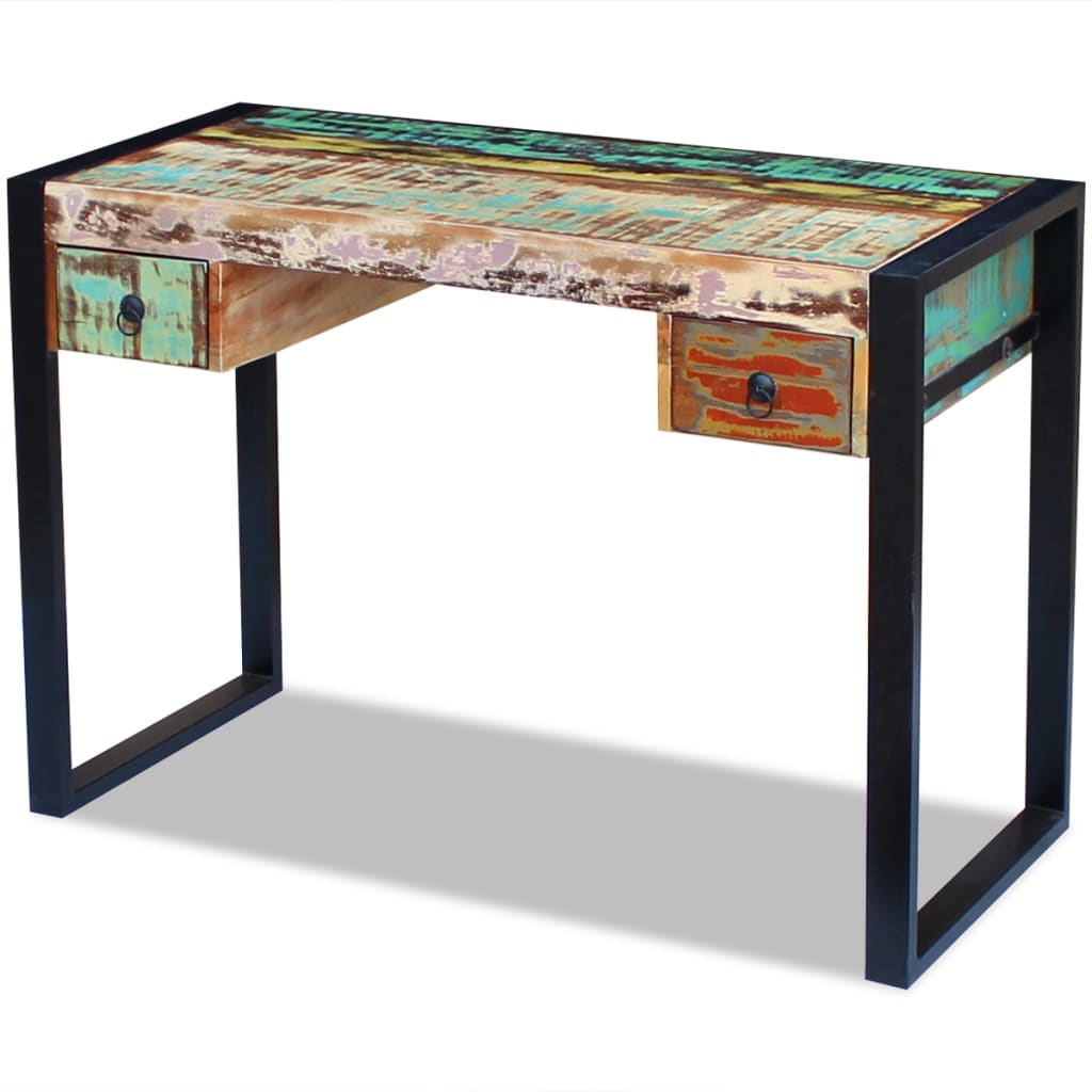 Reclaimed Solid Wood Desk with Steel Frame – Vintage Industrial Writing Table (110 x 50 cm)