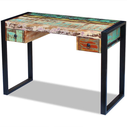 Reclaimed Solid Wood Desk with Steel Frame – Vintage Industrial Writing Table (110 x 50 cm)