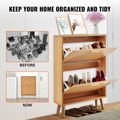 Slim Wooden Shoe Cabinet with 2 Flip Drawers & Top Shelf – Space-Saving Entryway Storage