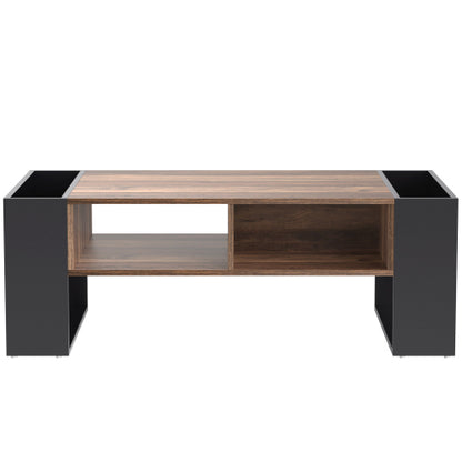 Modern Coffee Table 110 cm – Wood Grain Finish with Drawer & Dual-Sided Storage (Black & Grey)