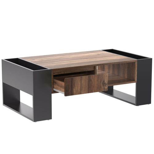 Modern Coffee Table 110 cm – Wood Grain Finish with Drawer & Dual-Sided Storage (Black & Grey)