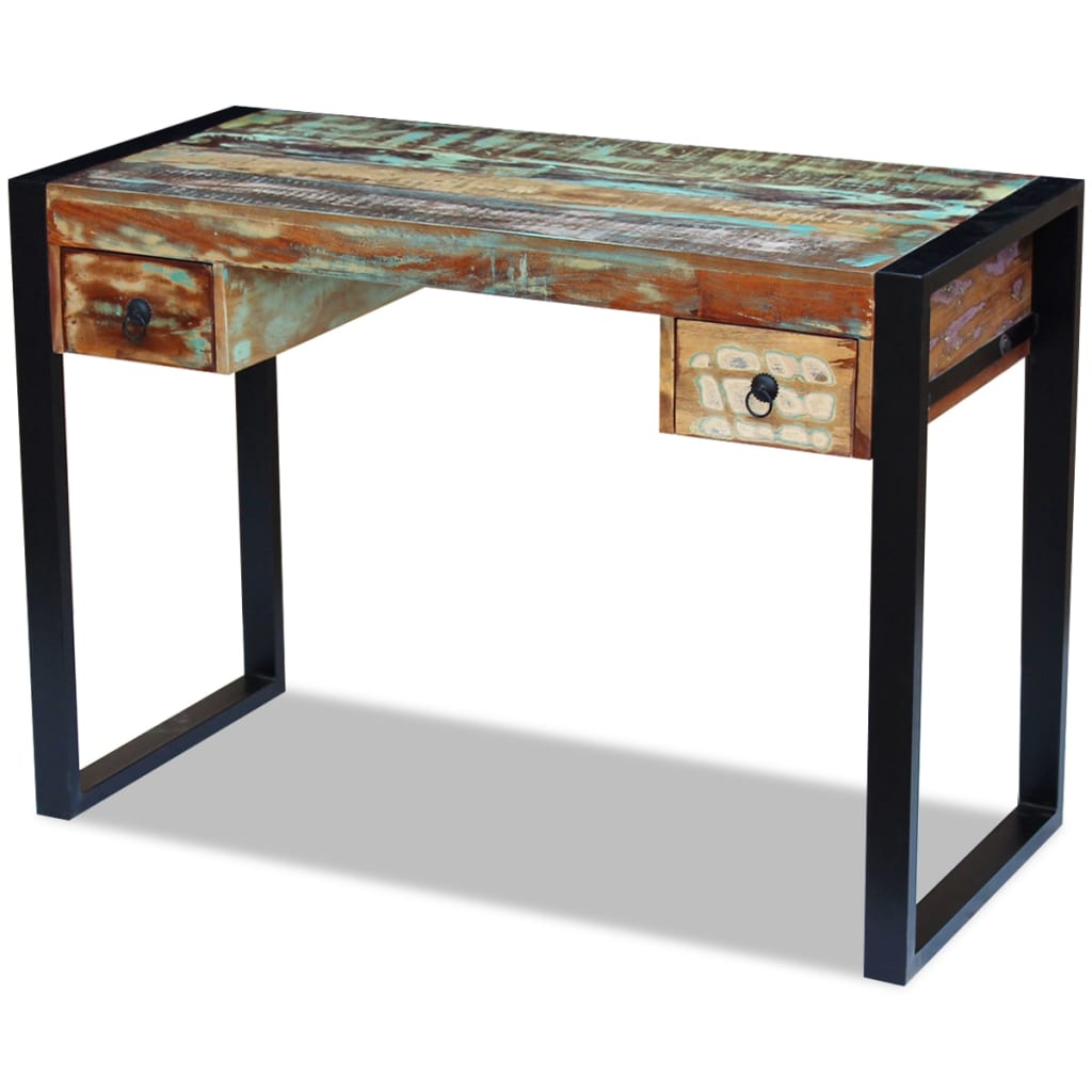 Reclaimed Solid Wood Desk with Steel Frame – Vintage Industrial Writing Table (110 x 50 cm)