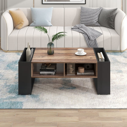 Modern Coffee Table 110 cm – Wood Grain Finish with Drawer & Dual-Sided Storage (Black & Grey)