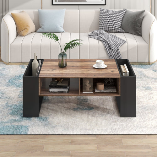 Modern Coffee Table 110 cm – Wood Grain Finish with Drawer & Dual-Sided Storage (Black & Grey)