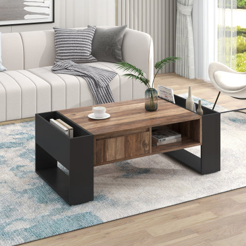 Modern Coffee Table 110 cm – Wood Grain Finish with Drawer & Dual-Sided Storage (Black & Grey)