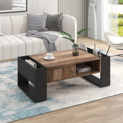 Modern Coffee Table 110 cm – Wood Grain Finish with Drawer & Dual-Sided Storage (Black & Grey)
