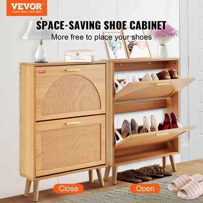 Slim Wooden Shoe Cabinet with 2 Flip Drawers & Top Shelf – Space-Saving Entryway Storage