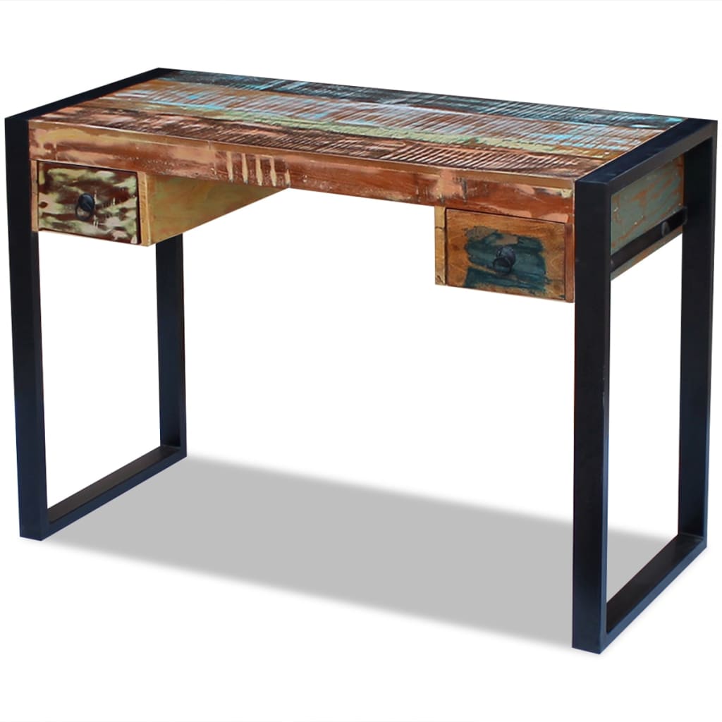 Reclaimed Solid Wood Desk with Steel Frame – Vintage Industrial Writing Table (110 x 50 cm)