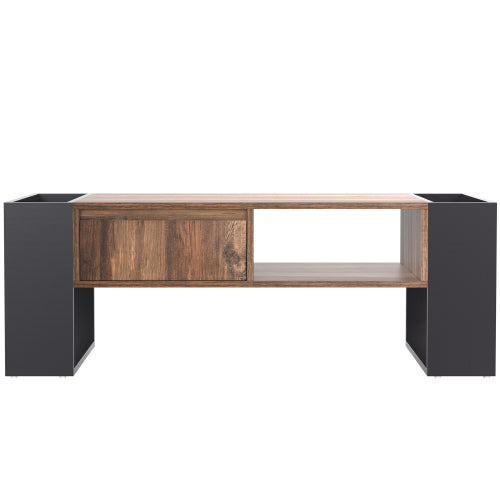 Modern Coffee Table 110 cm – Wood Grain Finish with Drawer & Dual-Sided Storage (Black & Grey)